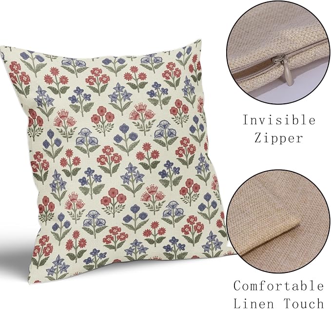 4th of July Patriotic Floral Pillow Covers 22x22 Inch Set of 2, Navy Blue Red Green Flower Block Print Decorative Throw Pillowcases Outdoor Memorial Day Holiday Cushion Covers Sofa Couch Bed Decor