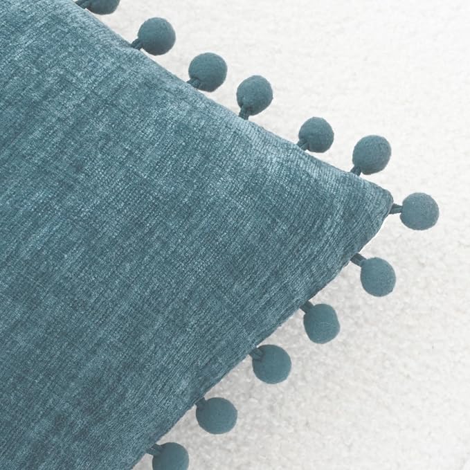 CaliTime Decorative Couch Throw Pillow Covers 22 X 22 Inches Smoke Blue | Pack of 2, Cozy Chenille Cushion Cases, with Pom Poms for Sofa Bed Living Room Farmhouse Home
