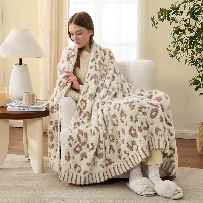 Snuggle Sac Leopard Luxury Faux Fur Throw Blanket for Couch,Ultra Soft Cozy Plush Fluffy Blanket for Sofa Bedroom Living Room,Beige Leopard,50x60 inches