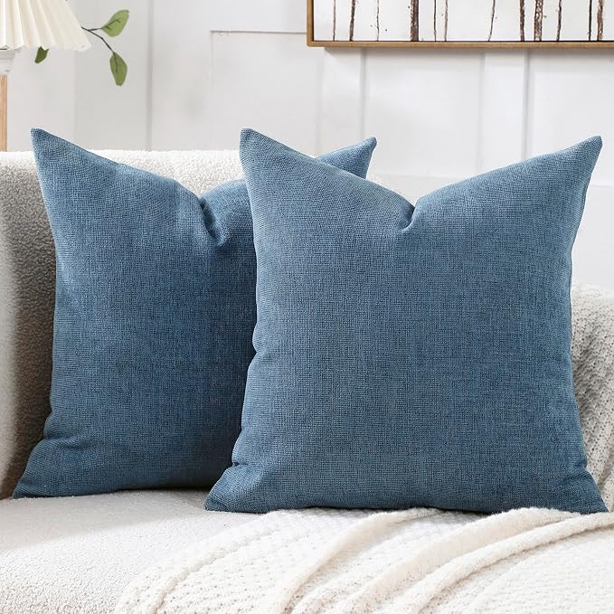 Pack of 2 Decorative Chenille Throw Pillow Covers, 20x20, Steel Blue | Square Soft Cozy Concise Pillow Covers Modern Farmhouse Couch Cushion Cases for Sofa Bed Living Room Home Decor
