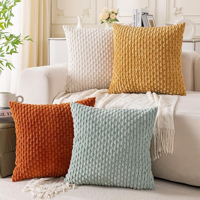 Set of 4 Yellow Rust Aqua Decorative Throw Pillow Covers 16x16 Inch Corduroy Pillow Covers for Bed Couch Sofa Living Room Soft Square Cushion Cases