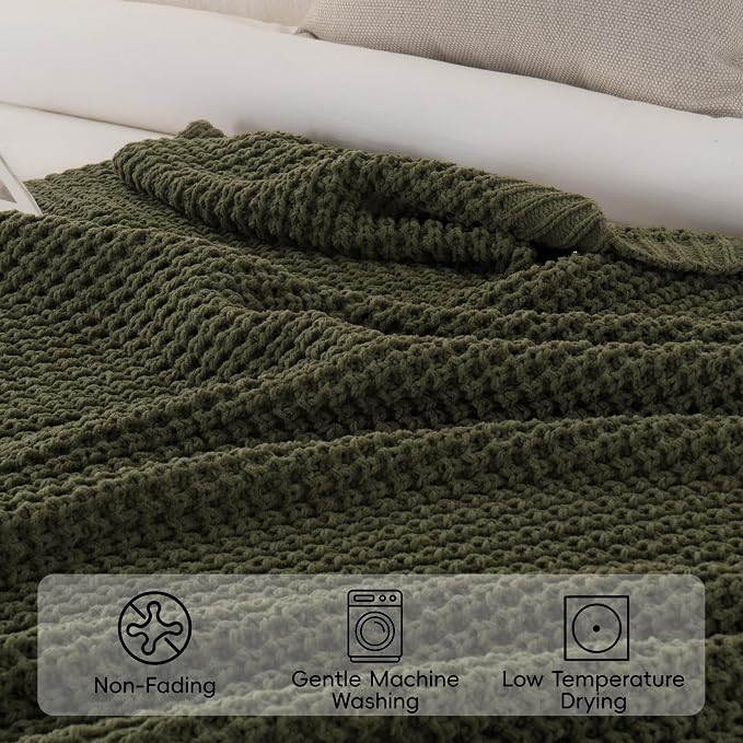 Olive Green Throw Blanket for Couch, Waffle Knit Blanket Throw 50"x60" | Chunky Chenille Throw Blanket, Soft Dark Green Throw Blanket for Home Decor, Sofa, Men, Modern Farmhouse Knitted Style
