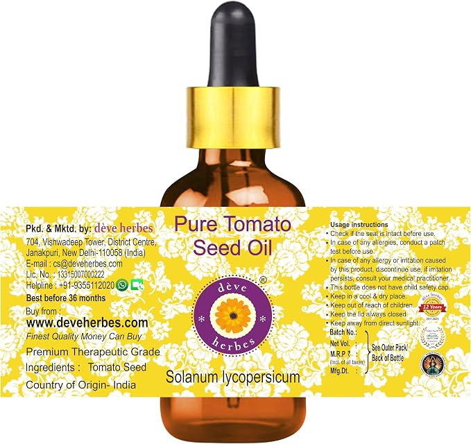 Deve Herbes Tomato Seed Oil (Solanum lycopersicum) with Glass Dropper | Cold Pressed | Pure | Natural | For Diluting Essential oils | For Skin & Massage | Non-Sticky| Lightweight| Unisex | 30ml (1 oz)
