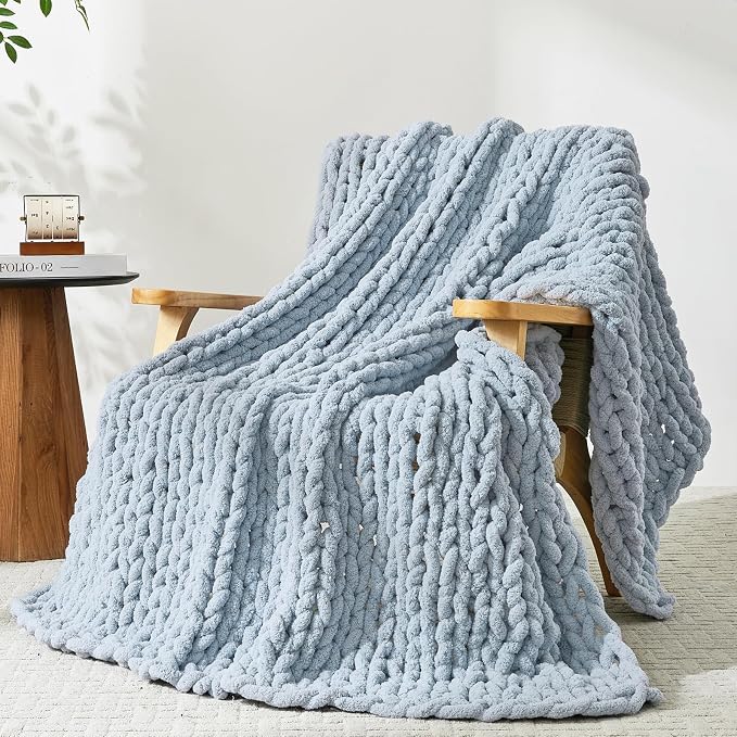 Bigacogo Chunky Knit Throw Blanket for Couch, 40x60 inches, Fog Blue | Hand Knit with Jumbo Chenille, Soft Breathable Cable Knit for Sofa Bed Living Room, Machine Washable, Gift for Mom Friend
