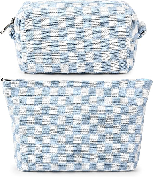 SOIDRAM 2 Pieces Makeup Bag Large Checkered Cosmetic Bag Capacity Canvas Mix Travel Toiletry Bag Organizer Cute Makeup Brushes Aesthetic Accessories Storage Bag for Women, Checkered Mix Blue