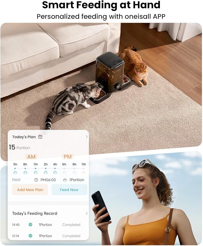 oneisall 2.4G Cordless Automatic Cat Feeder, 20 Cups/5L | 100-Day Rechargeable Battery Life, Time Meal, App Remote Control, Large Kibble, Timed Meals, Feed Now, Precise Portions