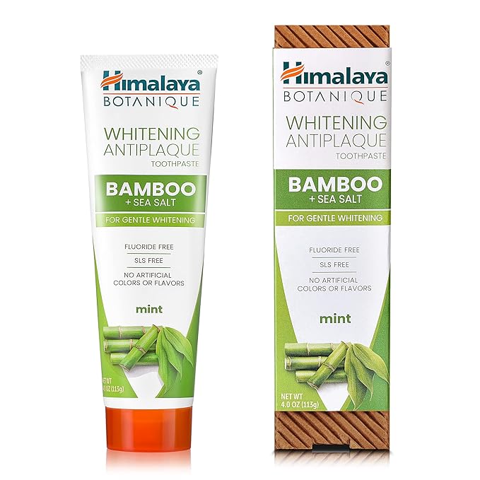 Himalaya Botanique Whitening Antiplaque Toothpaste with Bamboo + Sea Salt, Fluoride Free, for Gentle Whitening, 4 oz