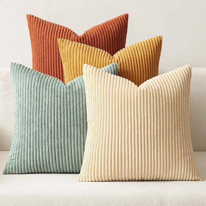 MIULEE Soft Corduroy Decorative Throw Pillow Covers Teal-Rust 20x20 | Set of 4, Mordern Rustic Home Decor, Retro Vintage Set, Boho Farmhouse Cushion Covers for Couch Bed Sofa Living Room
