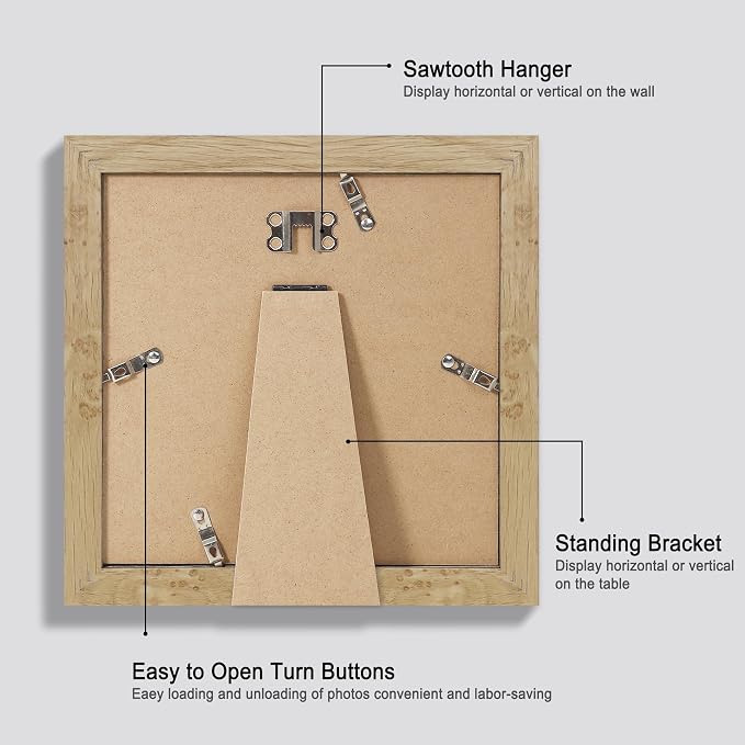 Hongkee 8x8 Picture Frames Set of 4, Made of Glass and Natural Oak Wooden Frame - Display Picture 6x6 with Mat or 8 x 8 Without Mat, 8 by 8 Photo for Wall or Tabletop