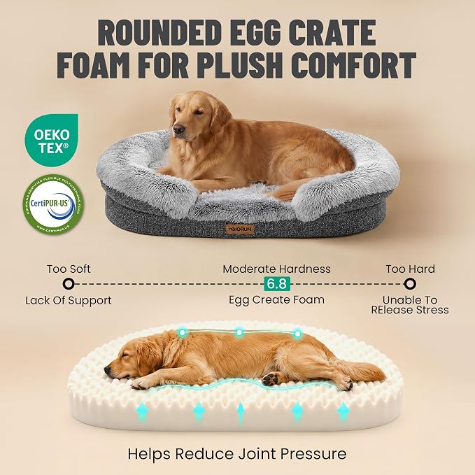 Fluffy Orthopedic Dog Beds Large Sized Dog, 48" Bolster Sofa Bed | Soft plush faux fur,lowered entry,washable cover,waterproof liner,claming dog couch for x-large dogs,supportive bolster