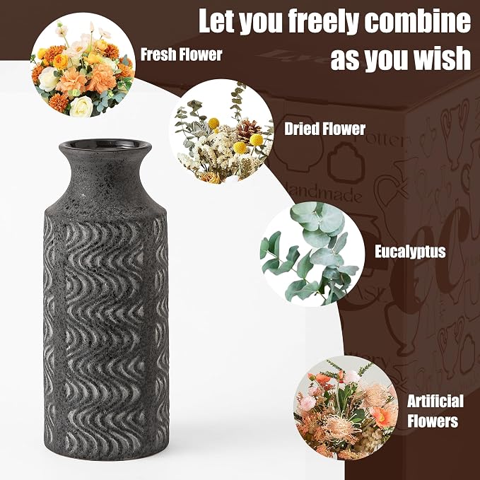 Black Ceramic Vase, 11 Inch Tall Vintage Flower Vase for Decor | Decorative Cylinder Vase Adds Farmhouse Charm to Centerpieces, Table, Shelf, Living Room,Bedroom