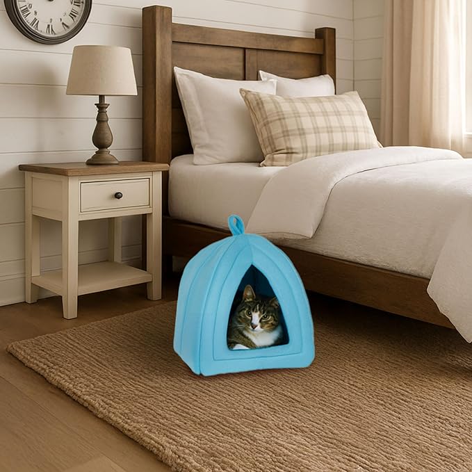PETMAKER Cat House Indoor Bed with Removable Foam Cushion, Blue | Plush Cat Tent Bed for Small Kittens, Rabbits, Guinea Pigs, and Other Small Animals, Comfortable Cozy Pet Hideaway