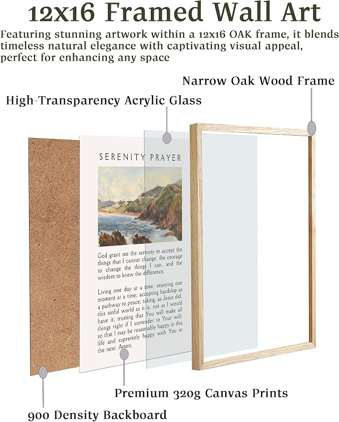 EcoHest 12x16 in Serenity Prayer Mountain Framed Christian Wall Art | Natural Oak Wood Frame with Canvas Wall Art, Scripture Bible Verse Wall Decor for Bedroom, Living Room, Office, Church, 1Pack