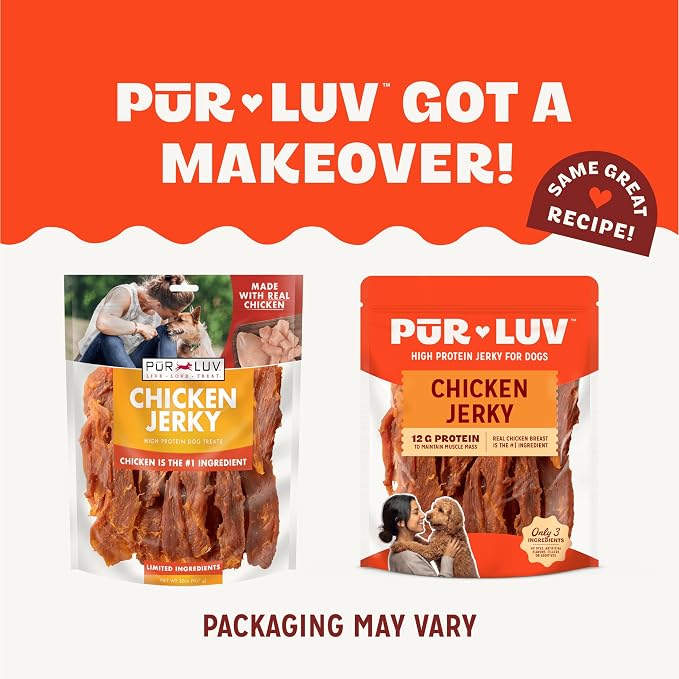 Pur Luv Chicken Jerky Dog Treats, Made with 100% Real Chicken Breast, 32 Ounces, Healthy, Easily Digestible, Long-Lasting, High Protein, Satisfies Dog's Urge to Chew | 3-ingredient jerky: whole-muscle chicken breast, 12g protein/treat; no dyes, fillers...