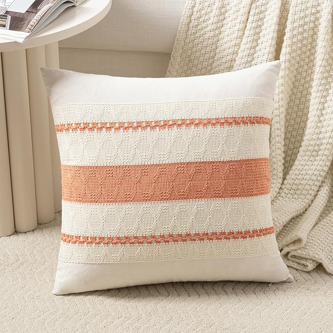 Fancy Homi Set of 1 Boho Coral Big Decorative Throw Pillow Cover 24x24 Inch for Couch Bed Bedroom, Aesthetic Modern Organic Farmhouse Room Decor, Soft Cotton Accent Macrame Woven Cushion Case
