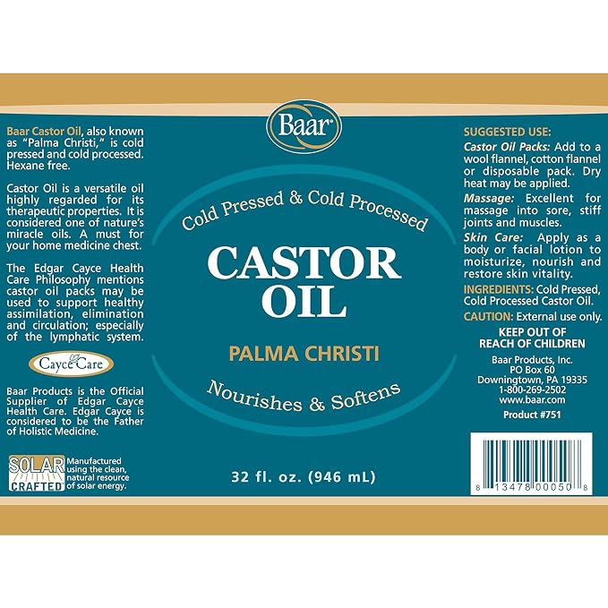 Baar Cold-Pressed Castor Oil, Cold-Processed, Hexane-Free, Palma Christi, for Skin, Hair, Massage & Castor Oil Packs, BPA-Free Bottle, 32 oz