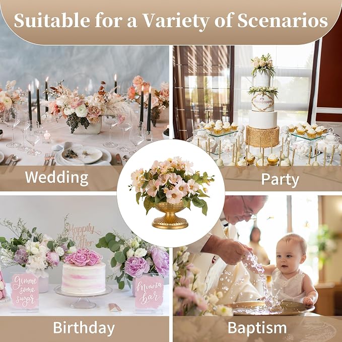 Sziqiqi Gold Urn Vase for Flowers, Wedding Table Compote Vases, 4.3in, 2Pcs | Hammered Vintage Urn Vase, Wedding Table Decoration Centrepieces Set, For Artificial Flowers,Party, Home Decor, Anniversary