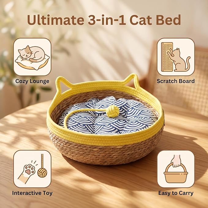 VIVIKIT Natural Cattail Cat Bed for Indoor Cats, 18.1" x 4.7"（Yellow） | Natural cattail, cotton trim, all season, scratch-proof, teaser ball, removable washable pad, for cats & dogs up to 22 lbs