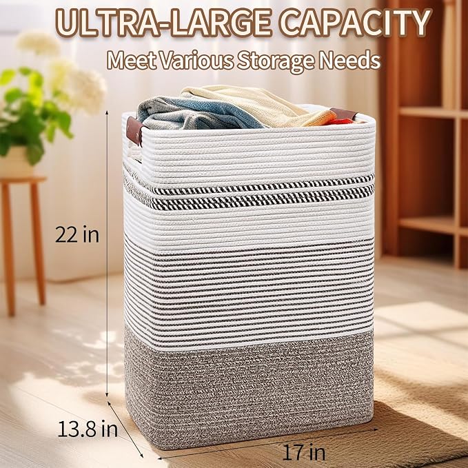 Laundry Hamper, 85L Cotton Rope Laundry Basket, Rice Brown & White | Foldable nursery hamper with leather handles; store blankets, toys, baby clothes and laundry in bedroom or living room