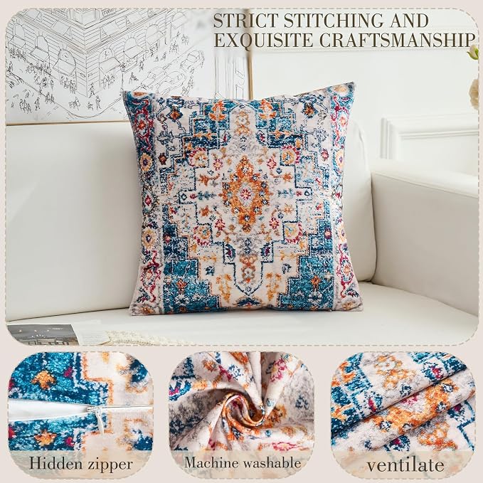 Boho Throw Pillow Covers 20x20 inch Set of 2,Boho Vintage Carpet Pattern Antique Ethnic Decor Double Sided Pattern Cushion Cover Soft Pillow Case Living Sofa Room Bed Square Pillow Cover