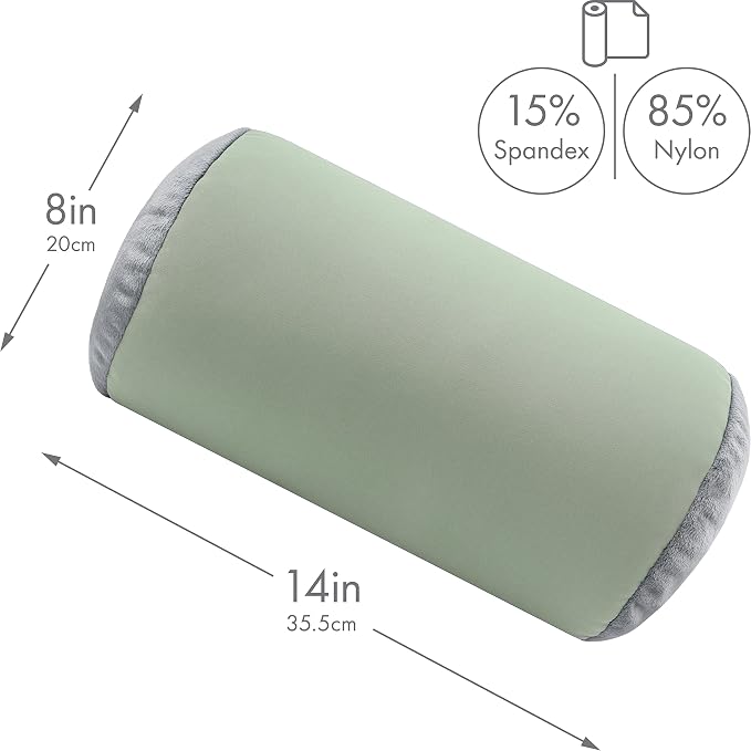 PILLOWY Microbead Bolster Neck Roll Pillow, Gently On Body, Head, Neck & Shoulders No Pain Rest, Relax Sleep - Silky Feel Prevent Wrinkles & Hair Breakage - Lightweight Cylinder, 14" x 8", Mint Grey