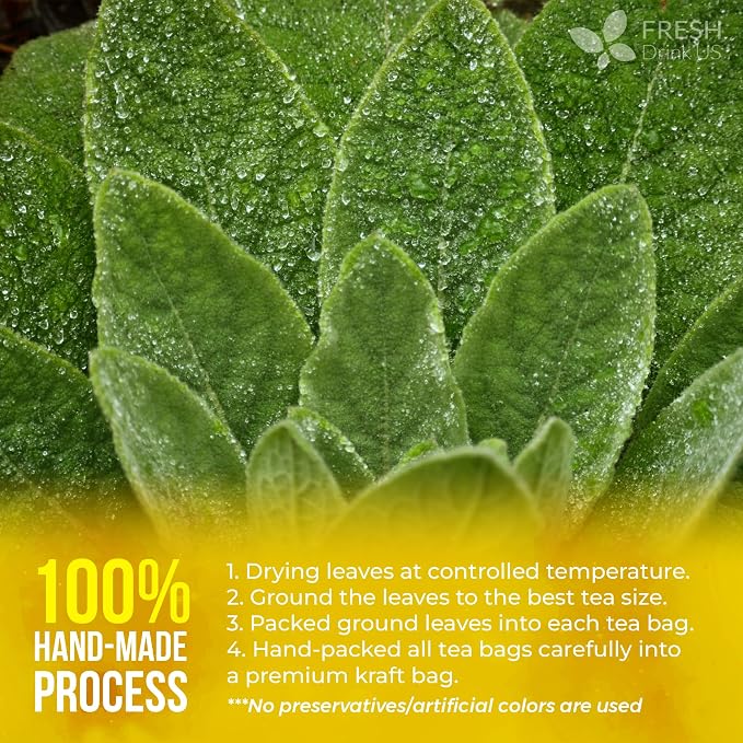 FreshDrinkUS, Premium 15 Mullein Leaf Tea Bags For Lung, 100% Natural & Pure from Mullein Leaves. Loose Leaf Mullein Herbal Tea. Made with Natural Material Tea Bags. No Sugar, No Caffeine, No Gluten, Vegan.