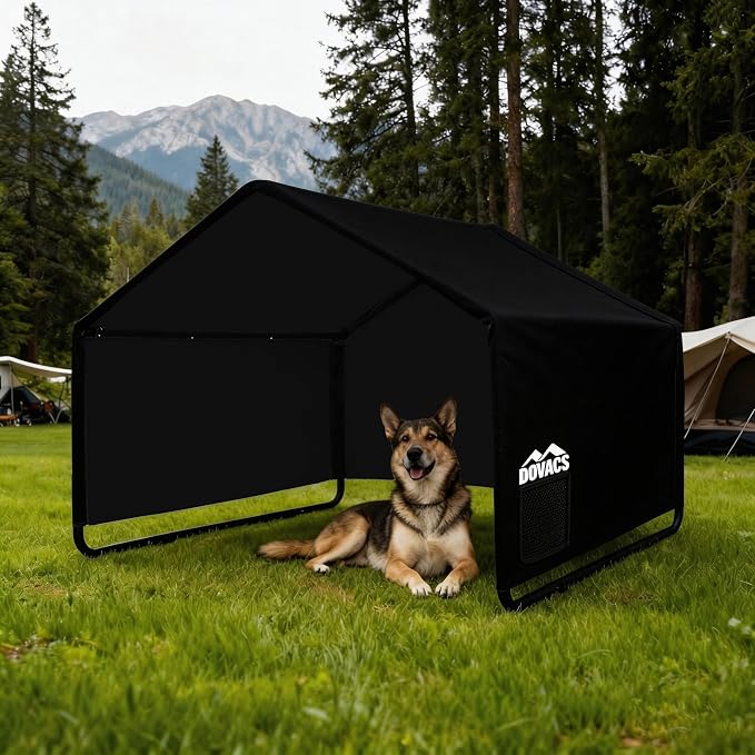 3 in 1 Extra Large Dog House Outdoor,Dog Shade with Roller Shutters and Removable Rear Door，Outside Sun Rain Canopy Pet House for Pet Cat Chicken Livestock 4'x 4'x 3.3' (Black)