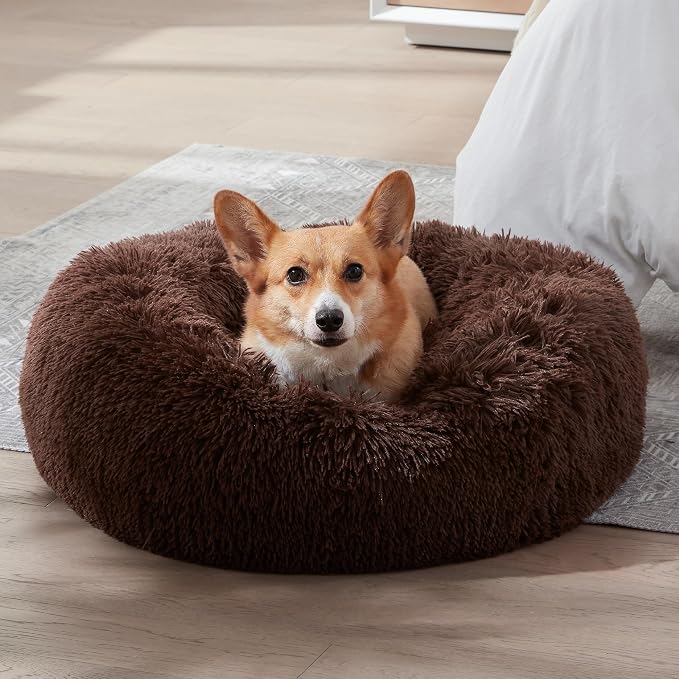 Calming Dog Bed & Cat Bed, Anti-Anxiety Donut Dog Cuddler Bed, Warming Cozy Soft Dog Round Bed, Fluffy Faux Fur Plush Dog Cat Cushion Bed for Small Medium Dogs and Cats | Fluffy Faux Fur Round Cuddler,Anti-Anxiety,Anti-Slip Bottom,Plush Pet Dog Beds fo...