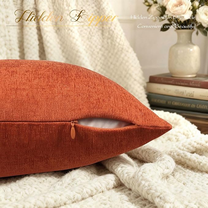 BRAWARM Throw Pillow Covers 22x22 Inches - Burnt Orange Chenille Pillow Covers Pack of 2, Solid Dyed Soft Chenille Pillow Cases for Couch Sofa Bed Home Decoration
