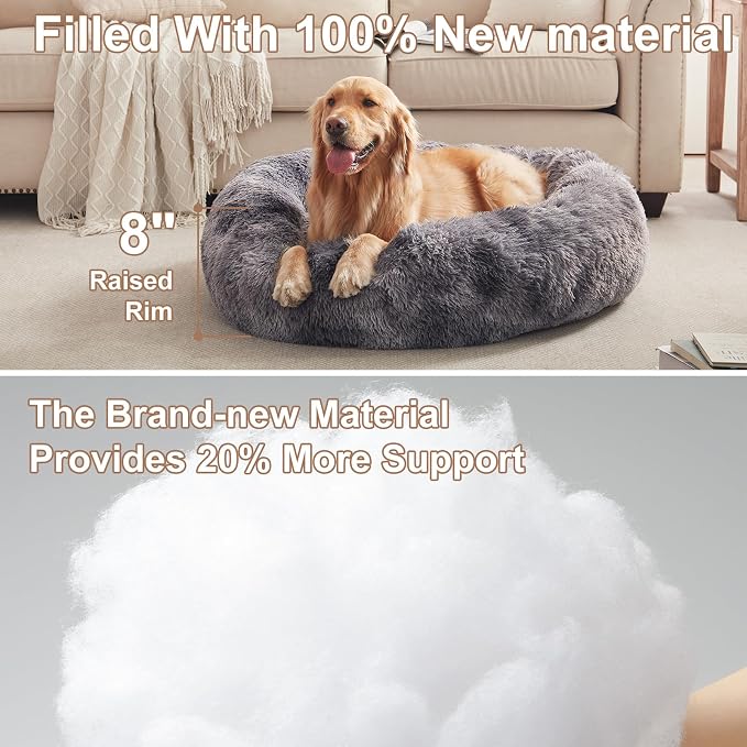 36 in Faux Fur Fluffy Donut Dog Bed for Large Dogs,Tie-dye Grey | Calming Plush Round Pet Bed with Removable & Washable Cover,Fits up to 80 lbs Pets