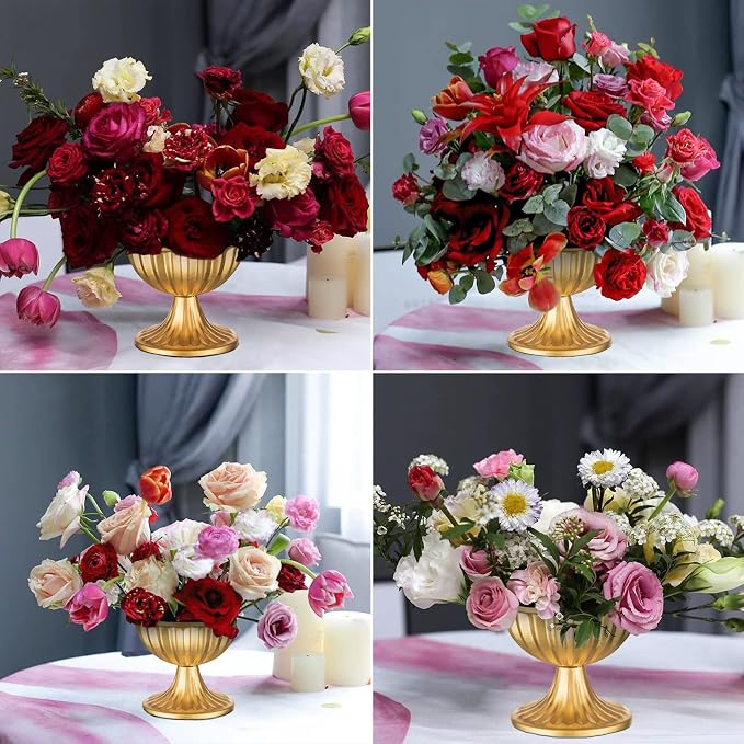 Sziqiqi Gold Metal Urn Vase, Compote Vases for Wedding Centerpiece, 10Pcs | 3.7in Small Golden Flower Arrangement Pots, Table Decorations Bowl Planter for Wedding, Event, Party, Home Decor