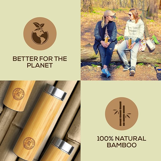 LeafLife Premium Bamboo 22oz Tea Bottle – Infuser Bottle – Insulated Coffee & Beverage Tumbler – Gift Set & Accessories