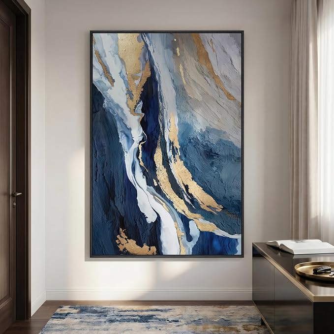 Extra Large Framed Navy Blue Abstract Wall Art for Living Room, Oversized Blue and Gold Vertical Canvas Prints Paintings Artwork for Walls, Modern Pictures Wall Decor for Bedroom Dining Room 40x60 In