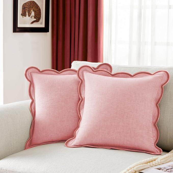 Ohocut Scalloped Pillow Cover Pack of 2 Spring Chenille Decorative Throw Pillow Covers Cute Boho Couch Pillow Covers Aesthetic Funky Preppy Pillow Cases for Sofa Living Room (Blush Pink, 18x18 Inch)