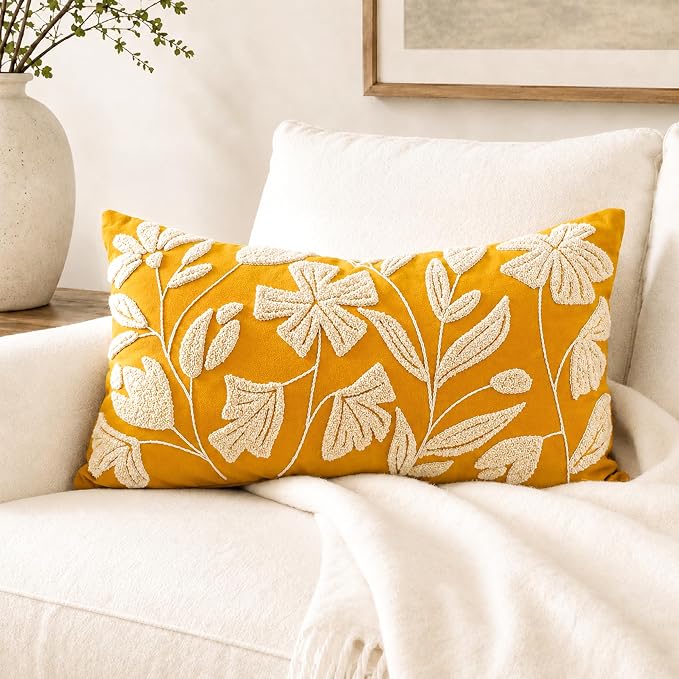 Lumbar Pillow Cover 12x20 Inch, Mustard Floral Tufted Velvet Decorative Accent Pillow Case for Sofa Bed Living Room, Cover Only