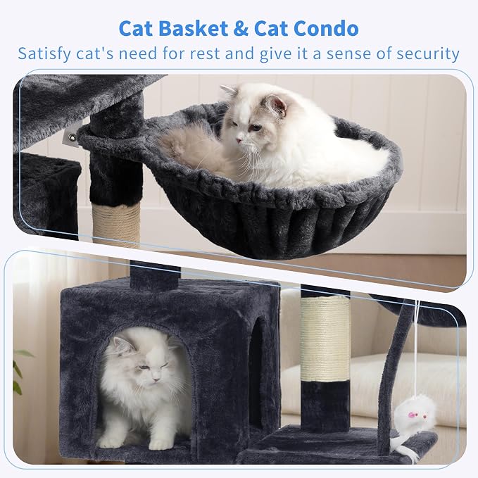 Heybly Cat Tree with Toy, 43.3 inch Cat Tower for Indoor Cats HCT004SG | Cat Condo with Durable Sisal Scratching Posts, Cat House with Padded Plush Perch, Cozy Hammock, Smoky Gray