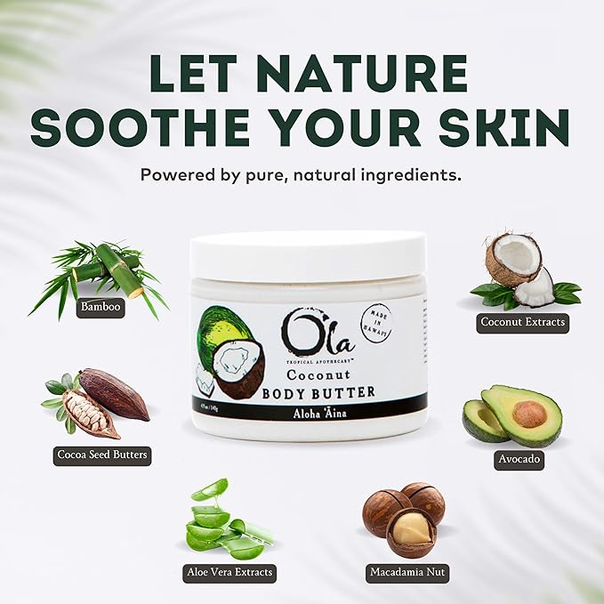 Ola Tropical Apothecary Coconut Body Butter with Pure Tropical Oils and Plant Extracts - 6 FL Oz