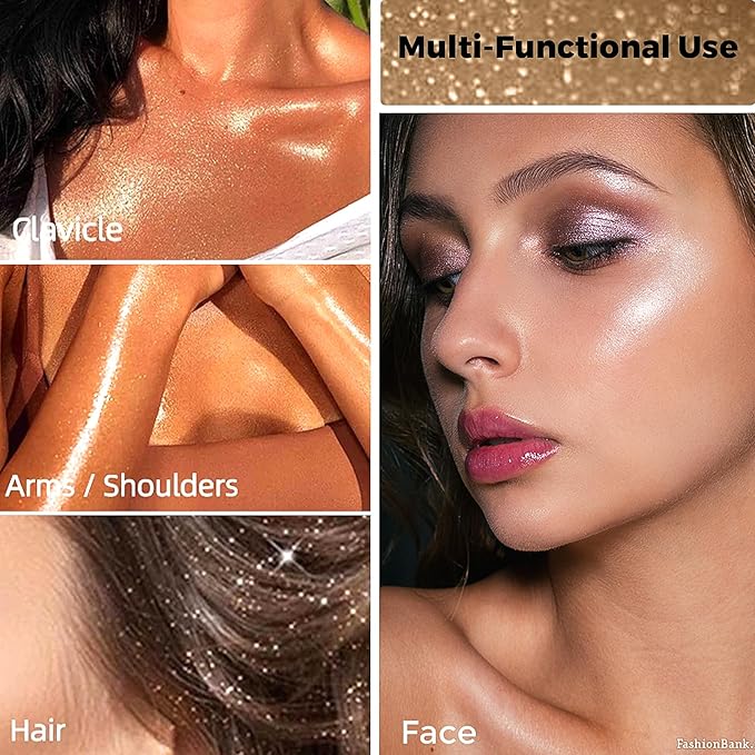 Body Shimmer Powder, Body Glitter Powder with Sponge Head, 3D Contour & Long Lasting Luminous, Glow Highlighter Makeup for Face, Eyes, Hair, Perfect for Daily, Party (Blue, 1.13 Oz)