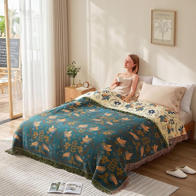 LUTBM King Throw Blanket for Bed, 100% Cotton Boho Soft Summer Blankets | 90"x108" Reversible Floral Bird Quilt, All-Season Bedspread, For Chair Sofa Couch Bedroom Decor, Breathable 4-Layer Gauze