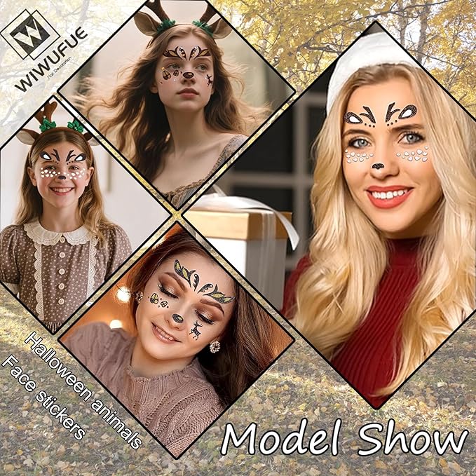 Christmas Elk Glitter Face Tattoo Stickers for Kids - Self-Adhesive Temporary Body Art Makeup for Halloween,Cosplay, Festival - Waterproof Fake Tattoo Stickers - 2Pcs (Reindeer & Elk)