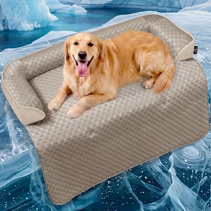 XLarge Dog Cooling Bed for Sofa, 45x37 Inch Pets Couch Cover Mat | Waterproof & Easy Clean & Non-Slip Bottom & Non-Gel, Washable Dogs Summer Couch Pad For Indoor & Outdoor, Taupe