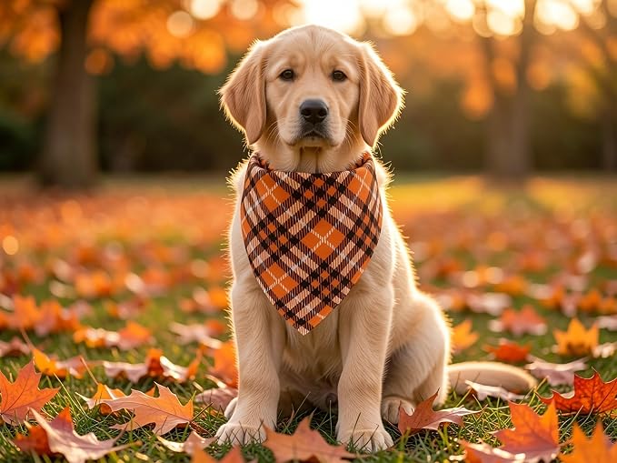 Fall Dog Bandanas 2PCS Halloween Pumpkin Spider Web Large Dogs | Reversible dog bandanas for fall & Halloween & Thanksgiving. Orange plaid/pumpkin/Spider Web design. Fits medium-large dog