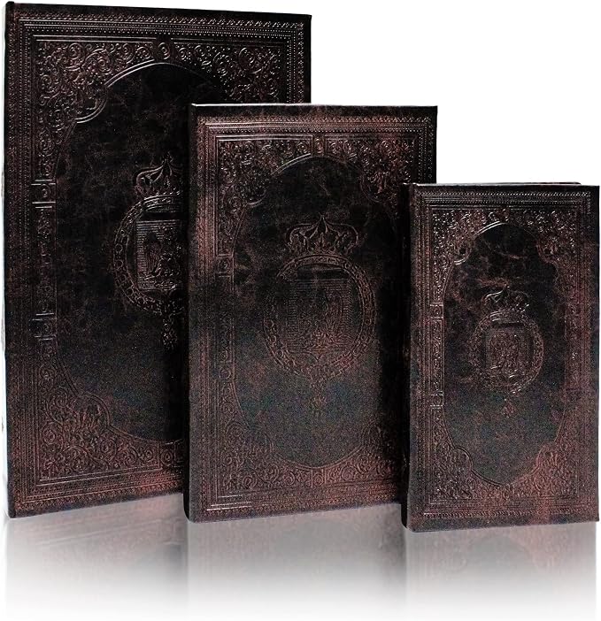 Decorative Book Box Set of 3,Vintage Style Book Shaped Storage Box | Leather Decorative Wooden Trinket Jewelry Books Boxes with Antique Embossed Pattern,Mother's Day/Graduation/Birthday Gift