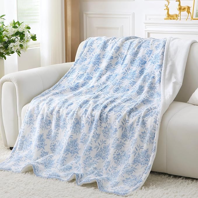 Viviland Cooling Muslin Blanket Queen Size for Bed Summer Gauze Blanket for Adults Breathable Lightweight Soft for Hot Sleepers Linen Blue Nerrah 90 x 90 Inches