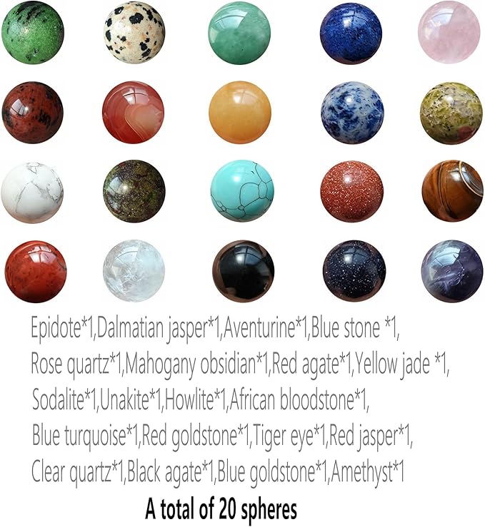 20Pcs 16mm Natural Stone Balls Healing Crystal Gemstone Spheres Polished Assorted Small Marbles, 20 Mix Colors of Stone, 1 for Each