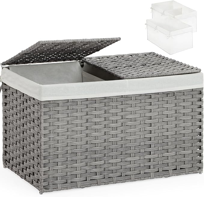 SETVSON Storage Basket with Lid PE Rattan 27.8 Gal Wicker Chest, Gray | 105L Woven Wicker Baskets with 2 Separate Lids, 2 Removable, washable linings, Sturdy Iron Frame, 25.2 x 15.4 x 16.1 Inches