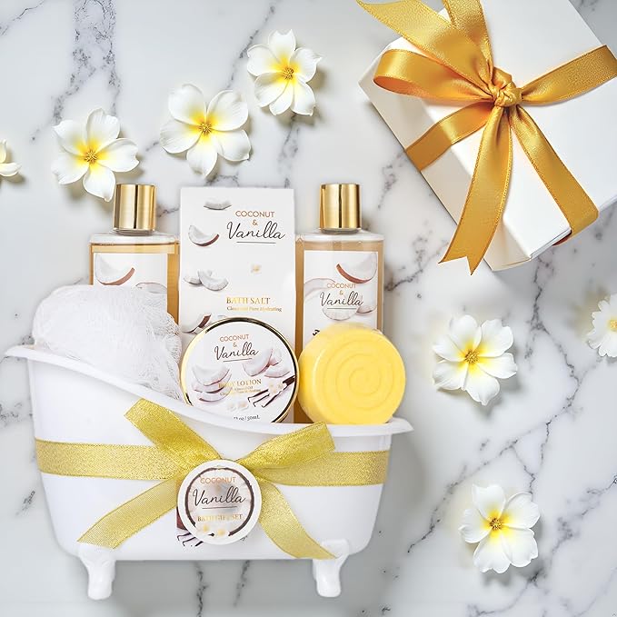 Mothers Day Gifts for Women and Men - 8-Piece Bath Kit Coconut Vanilla Bath & Body Gift Set for Women Self Care Spa Gift Baskets | Perfect Gifts for Mom, Birthday Gift, All Occasion Holiday Present