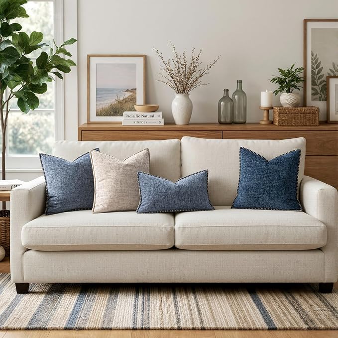 MIULEE Decorative Couch Throw Pillow Covers 16x16 in Dark Grey Blue 2 Pack | Farmhouse Pillow Covers with Stitched Edge, Soft Chenille Cushion Cases, for Sofa Bed Living Room Home Decor