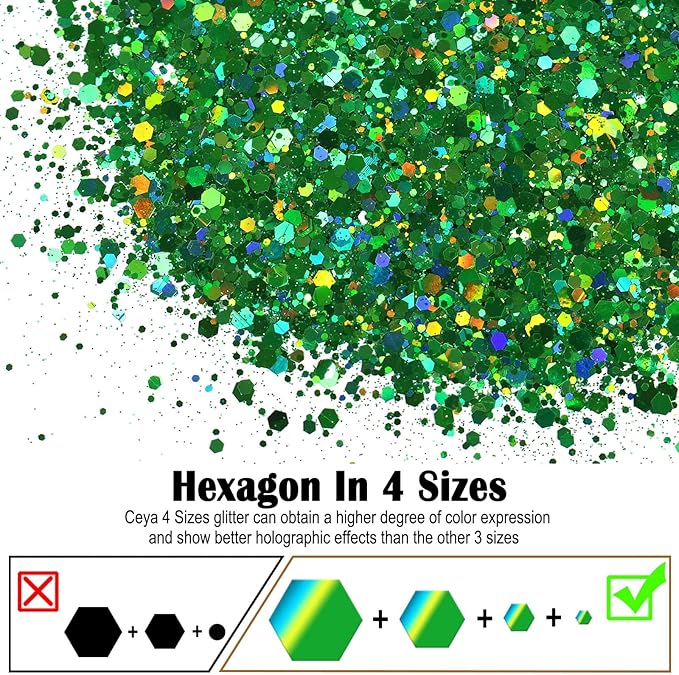 Ceya Holographic Chunky Glitter, 1 LB/ 16OZ Laser Green Bulk Craft Glitter Mixed Chunky Fine Glitter Bottled Metallic Flake Nail Sequins for Resin, Tumblers, Scrapbooking, Festival Decor, Art Project