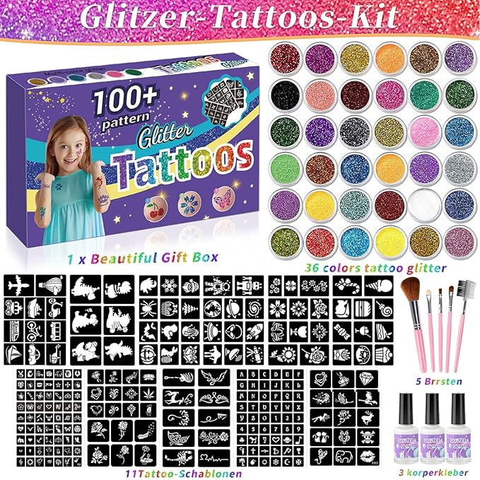 Temporary Glitter Tattoos Kit for Kids,36 Glitter Colors,222 Stencils,3 Glue,5 Brushes,Adults and Kids Arts Glitter Kit, Gifts for Girls & Boys Birthday Party Christmas Day.